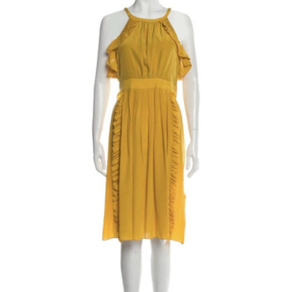 Tibi Sleeveless Frill Pleat Button Detail Yellow Dress